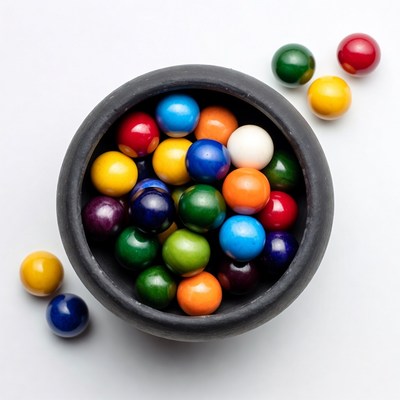 Colorful marbles in black bowl