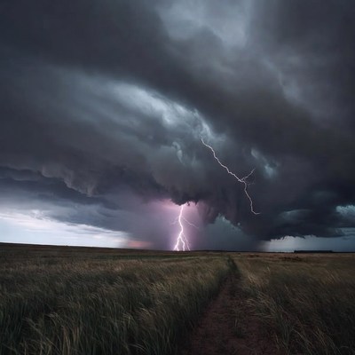 Lightning Storm Over Grassy Field