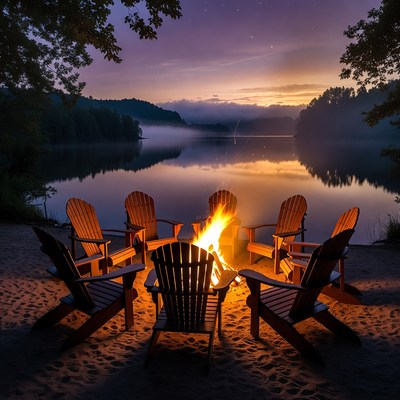 Campfire with Adirondack Chairs by Lake