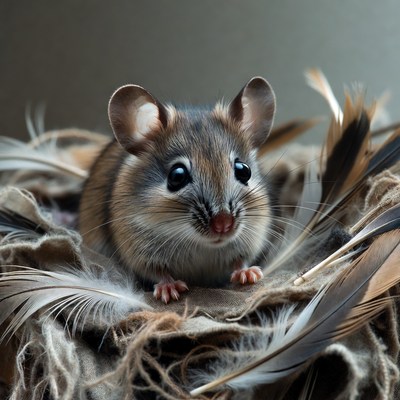 Cute mouse in feather nest