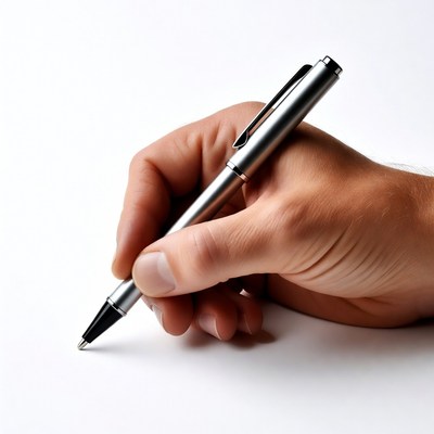 Man's hand holding silver pen