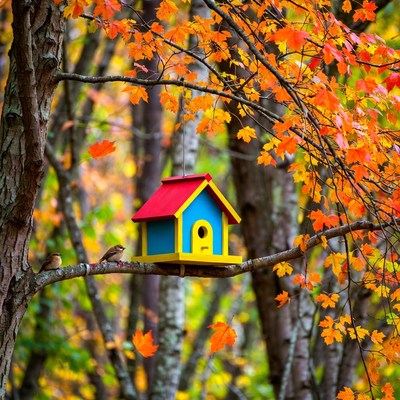 Birds on Colorful Birdhouse in Autumn Forest