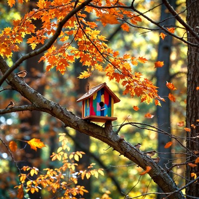Colorful birdhouse on autumn tree branch
