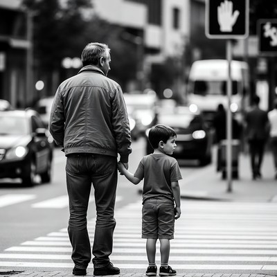 Father and son at crosswalk
