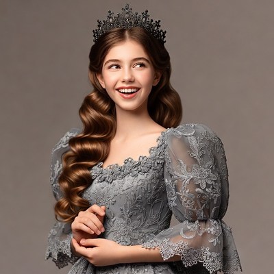 Young woman in gray gown with crown