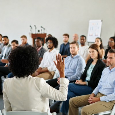 African-American woman raising hand in meeting