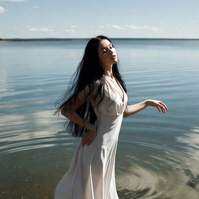 Asian woman in white dress by lake