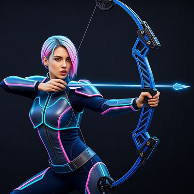 Cyberpunk woman shooting blue bow