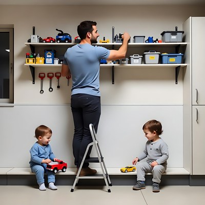 Father organizing toys with toddlers