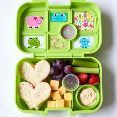 Open green bento lunchbox with heart sandwiches
