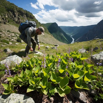 Man examining purple flowers in mountains