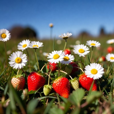 Strawberries and Daisies in Grass