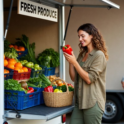 Woman smelling red pepper at produce truck