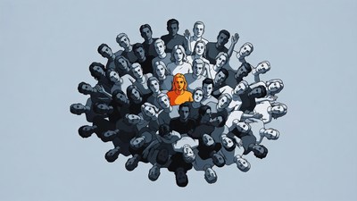 Orange Woman Standing Out in Gray Crowd