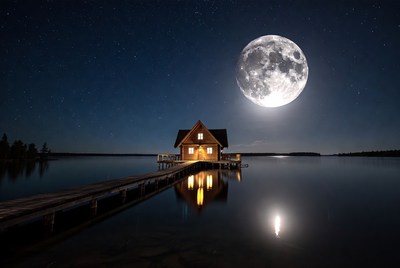 Cabin on pier under full moon