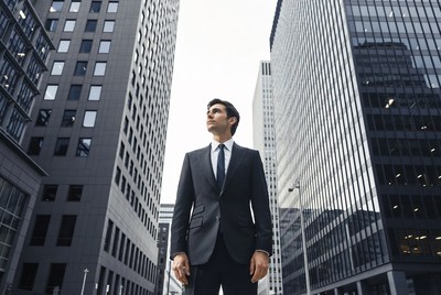 Businessman standing in city skyscrapers