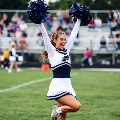 Cheerleader jumping with pom poms