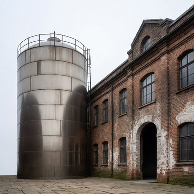 Shiny Metal Silo Next to Brick Factory