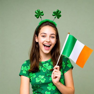 Girl with shamrocks holding Irish flag