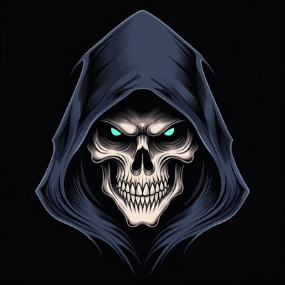 Skull in Hood with Glowing Green Eyes