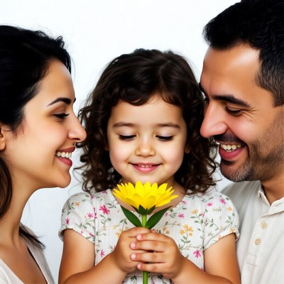 Family holding yellow flower together