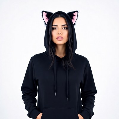 Woman in black hoodie with cat ears