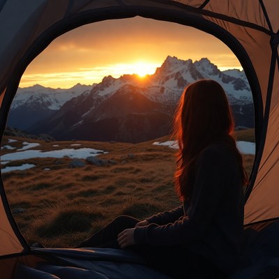 Woman in tent viewing sunset mountains