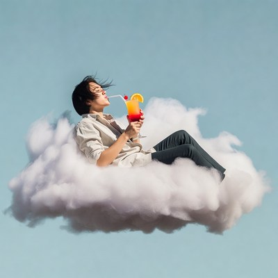 Asian woman drinking cocktail on clouds
