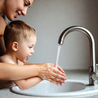 Mother helping toddler wash hands