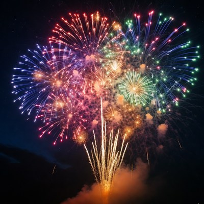 Colorful Fireworks Exploding Over Mountains