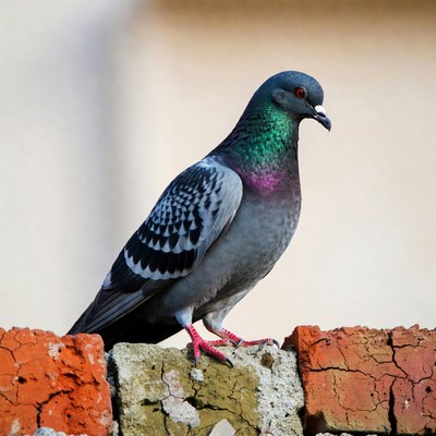 Pigeon perched on brick wall