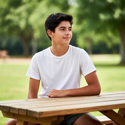 Teen boy sitting on park bench