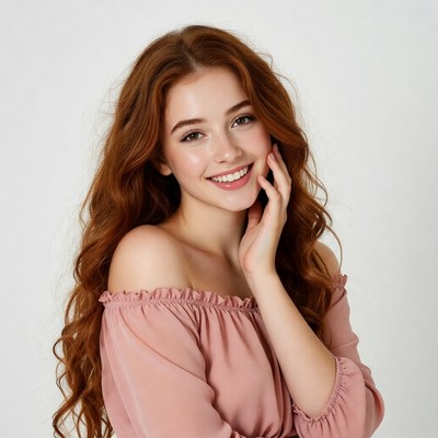 Smiling redhead woman touching face