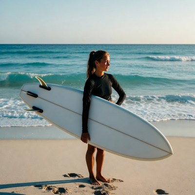 Woman holding surfboard on beach