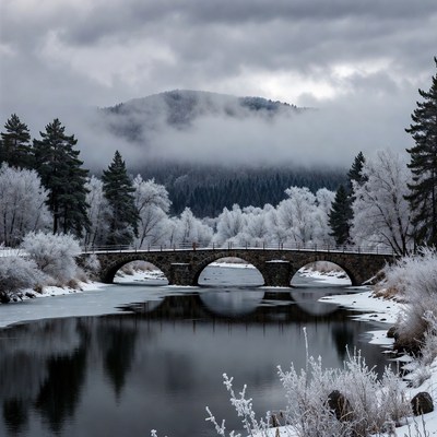 Frosty Stone Bridge over Icy River