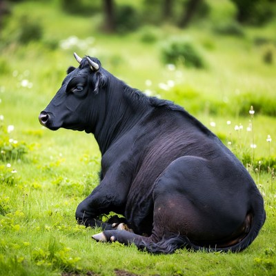 Black cow lying in green meadow