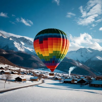 Colorful Hot Air Balloon over Snowy Mountains