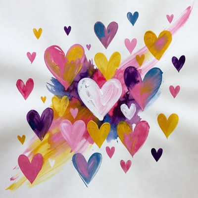 Colorful watercolor hearts on white background