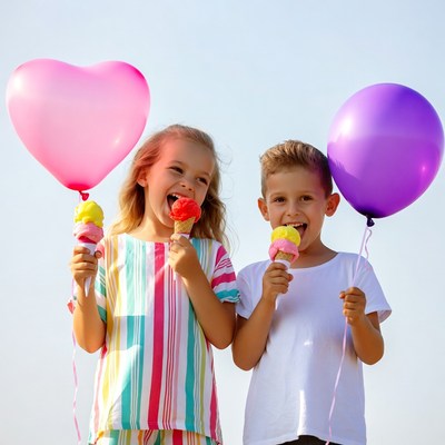Boy and Girl Holding Ice Cream Cones Balloons