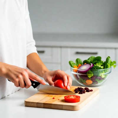 Woman slicing tomato in kitchen
