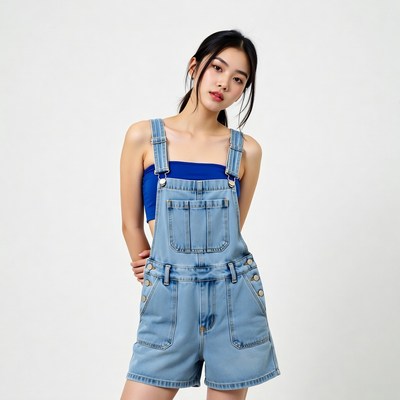 Asian woman in blue denim overalls