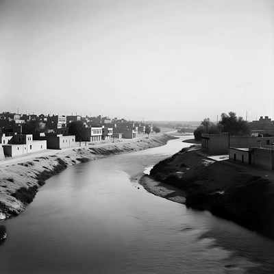 Black and White River Village Landscape
