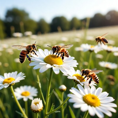 Bees Pollinating Daisies in Field