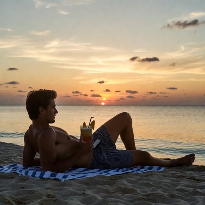 Man relaxing on beach at sunset