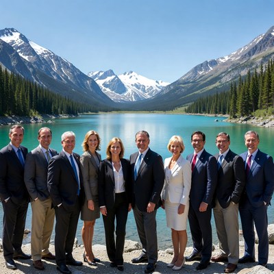 Business professionals group by mountain lake