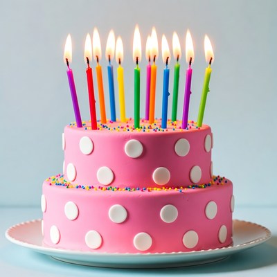 Pink polka dot birthday cake with candles