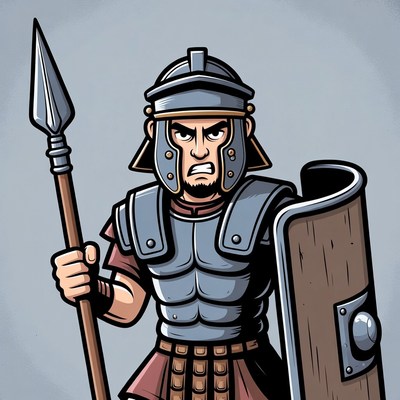 Angry Roman Soldier with Spear and Shield
