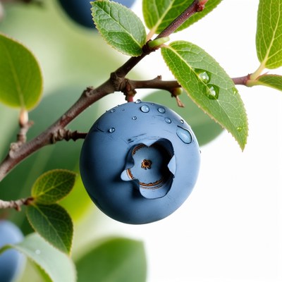 Blueberry with water droplets on branch