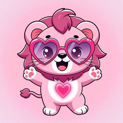 Cute Pink Lion with Heart Sunglasses