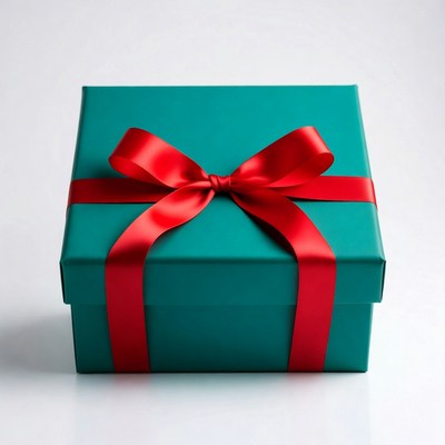Teal gift box with red ribbon